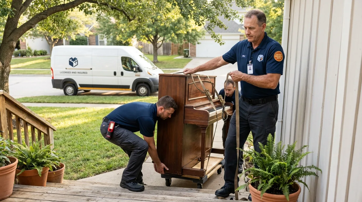 Licensed piano movers securing grand piano in Vassalboro, ME