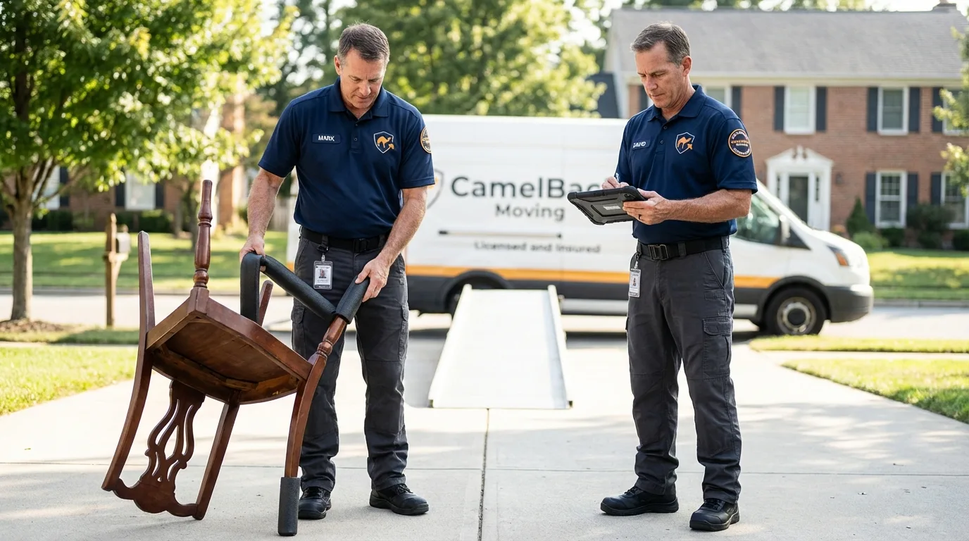 Movers inspecting furniture for damage prevention before loading in Vassalboro, ME
