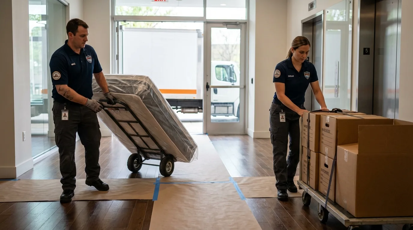 Professional apartment movers loading elevator in Vassalboro, ME