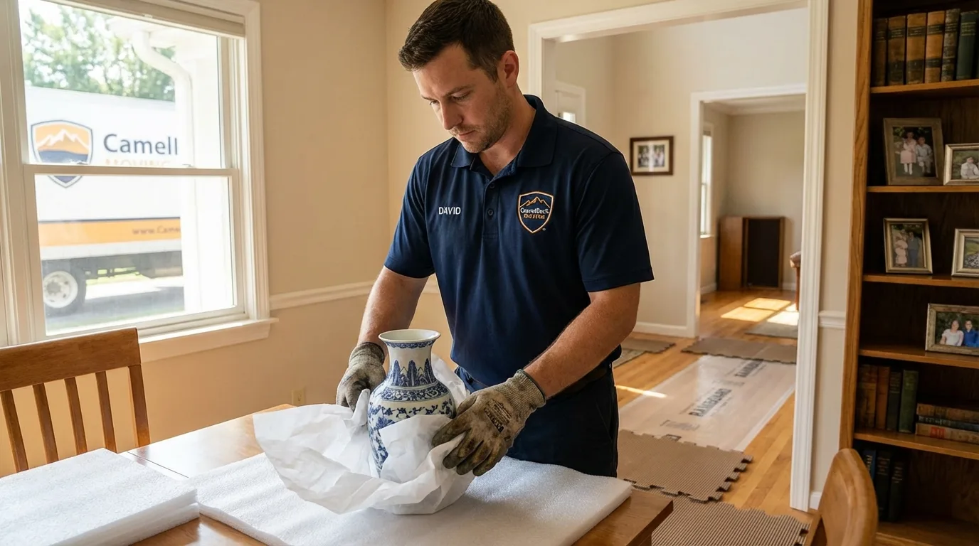 Professional crew carefully wrapping antique vase for senior downsizing move in Vassalboro, ME