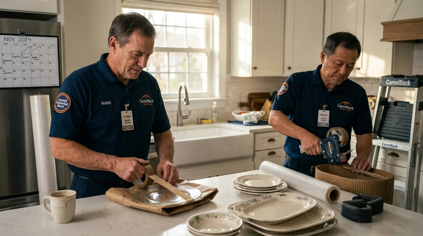 Professional crew packing kitchen dishware in Vassalboro, ME